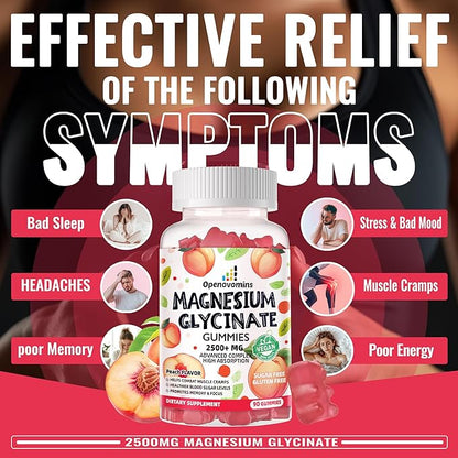 Magnesium Glycinate Gummies 2500mg - Sugar Free Magnesium Potassium Supplement with Vitamin D, B6, CoQ10 for Calm Mood & Sleep Support - 90 Peach Gummies