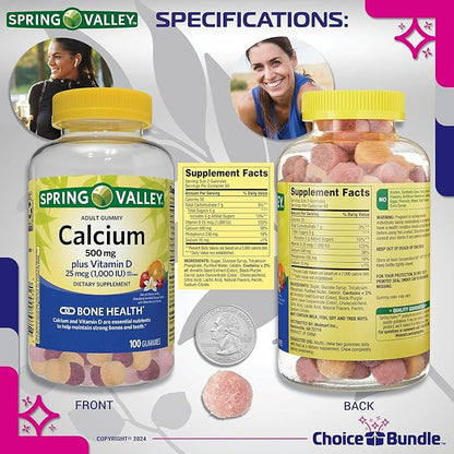 Spring Valley Calcium 500 mg Plus Vitamin D 25 mcg Bone Health Dietary Supplement Gummies, 100 Ct 3 pk (300 Total) + Vitamin Guide and Pill Container (5 Items)!