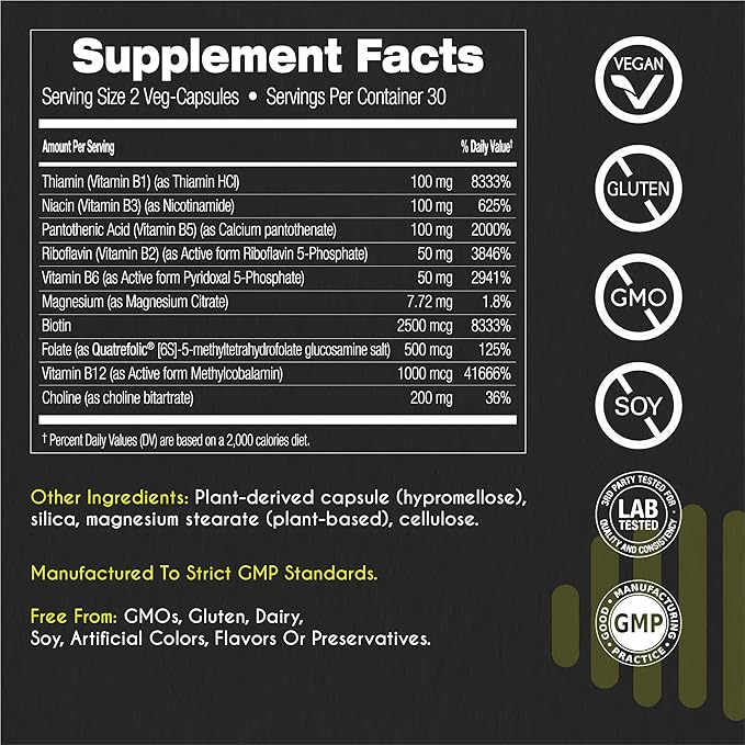 myBrainCo Active-B Complex Supplement - High Strength Activated Vitamin B Complex - Potent B2, B6, B12 Vitamins and Methyl-Folate Supplement to Support Cellular Energy and Cognition (60 Vege-Capsules)