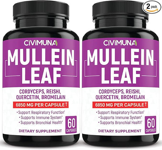 (2 Packs) Mullein Leaf Capsules 6850mg - Mullein Leaf, Cordyceps, Reishi - 4 Months Supply