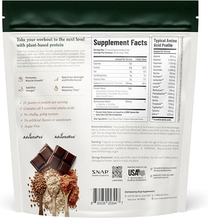 Snap Supplements Organic Plant Based Vegan Protein Powder Nitric Oxide Boosting Protein Powder, BCAA Amino Acid for Muscle Growth, Performance & Recovery - 30 Servings (Chocolate)