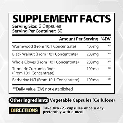 Satoomi 5 in 1 Wormwood Capsules Supplement - Extracted from Black Walnut, Whole Cloves, Turmeric and Berberine HCl - Immune System & Digestion Health - 60 Capsules