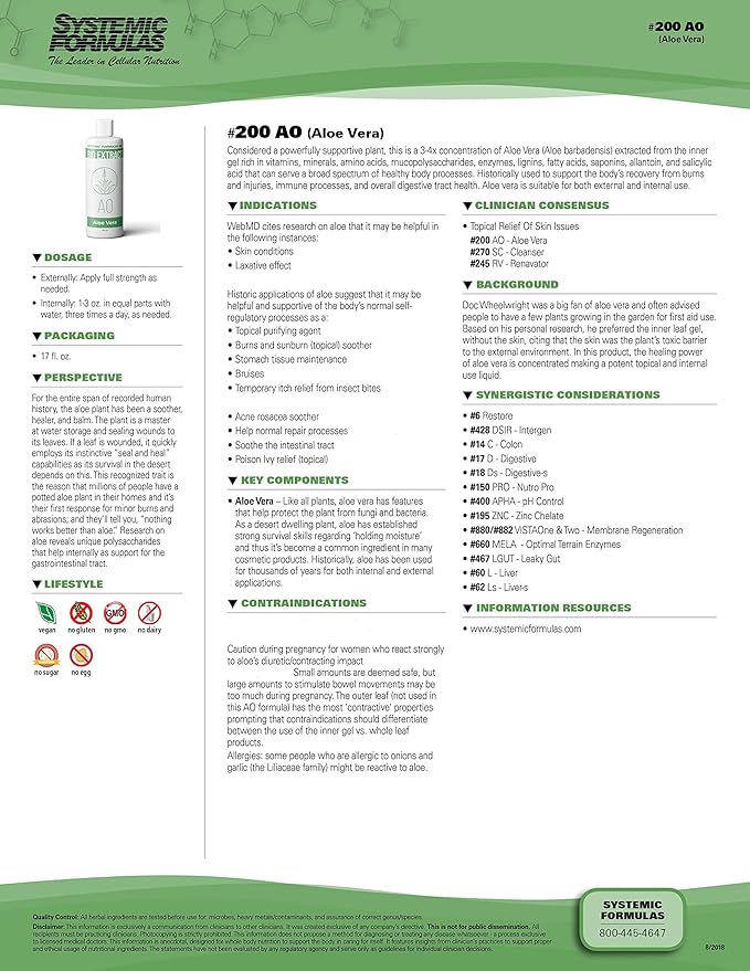 Systemic Formulas AO – Aloe Vera 16 Fl Oz BioExtract #200. 3-4x Concentration of Aloe Vera Extract from Inner Gel Rich. for Internal & External use.