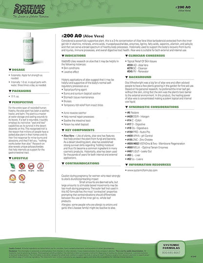 Systemic Formulas AO – Aloe Vera 16 Fl Oz BioExtract #200. 3-4x Concentration of Aloe Vera Extract from Inner Gel Rich. for Internal & External use.