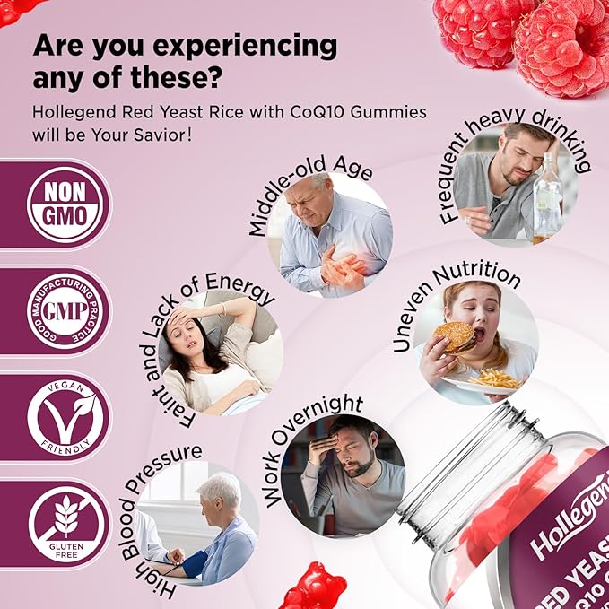 Red Yeast Rice with Coq10 Gummies Sugar Free, Organic Red Yeast Rice 2400mg for Cholesterol Lowering Supplements, Enhanced with Coenzyme Q10 200mg for Heart Health Support, 60 Counts