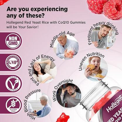 Red Yeast Rice with Coq10 Gummies Sugar Free, Organic Red Yeast Rice 2400mg for Cholesterol Lowering Supplements, Enhanced with Coenzyme Q10 200mg for Heart Health Support, 60 Counts