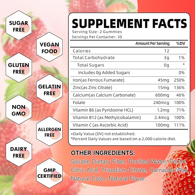 Iron Gummies for Women, Men & Kids, Sugar Free Iron Supplement with Calcium, Zinc, Folate & Vitamin B12, C, B6 - for Blood Building & Energy Support, Anemia, Strawberry, 120 Count