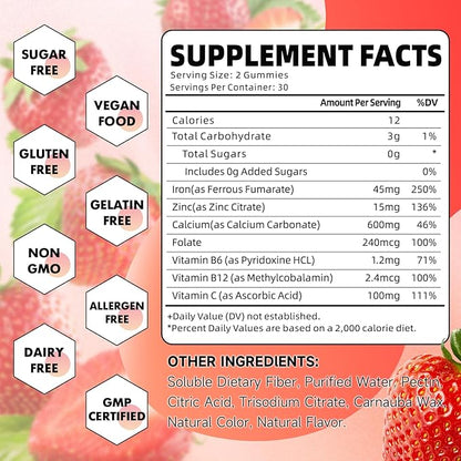 Iron Gummies for Women, Men & Kids, Sugar Free Iron Supplement with Calcium, Zinc, Folate & Vitamin B12, C, B6 - for Blood Building & Energy Support, Anemia, Strawberry, 60 Count