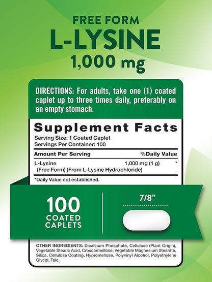 Nature's Truth L Lysine 1000mg | 100 Coated Caplets | Essential Amino Acid | Vegan, Non-GMO, & Gluten Free Supplement