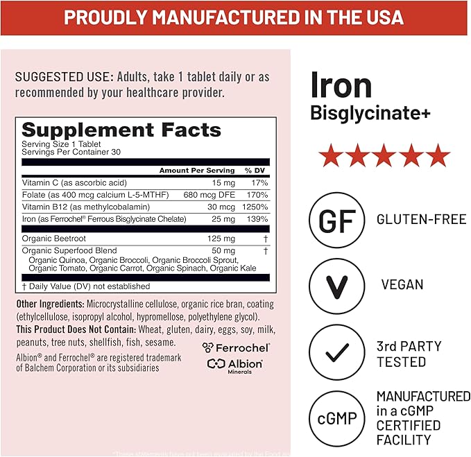 NatureWise Vegan Iron Supplement for Women & Men - Gentle on Stomach High Absorption - Coated Iron Bisglycinate Tablets + Vitamin C, Methyl B12, Folate & Organic Food Blend - 30 Tablets[30-Day Supply]