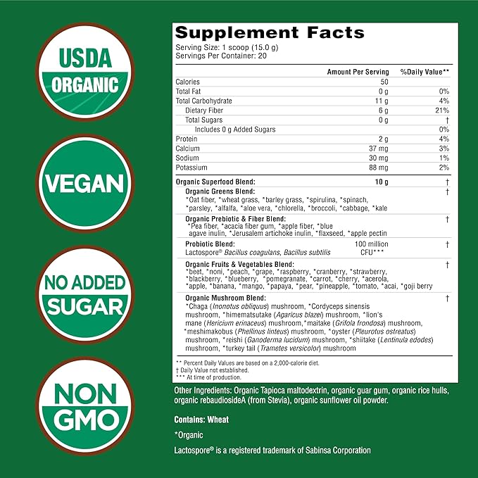 COUNTRY FARMS Super Greens Natural Flavor, 50 Organic Super Foods, USDA Organic Drink Mix, Fruits, Vegetables, Super Greens, Mushrooms & Probiotics, Supports Energy, 40 Servings, 10.6 Oz, 2 Pack
