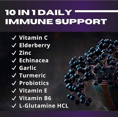 Nutrition 10 in 1 Elderberry, Vitamin C, Zinc, Vitamin E, Vitamin B6, Echinacea, Garlic, Turmeric, L-Glutamine HCL & Lactobacillus Probiotics & Antioxidants for Immune Defense 1 Month Supply