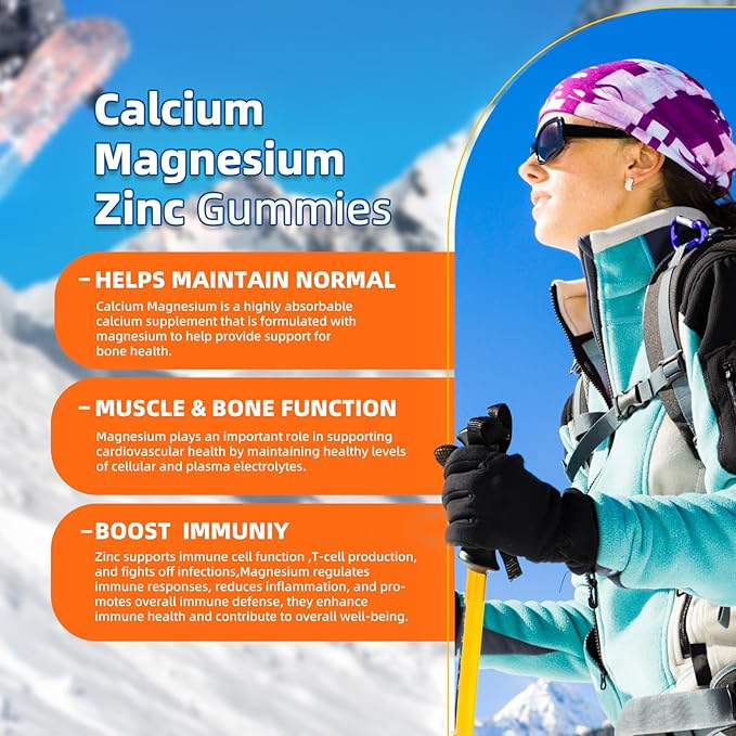 Calcium Magnesium Zinc Gummies with Vitamin D3 & K2 - High Potency Enhanced Absorption -60 OrangeGummies Flavored