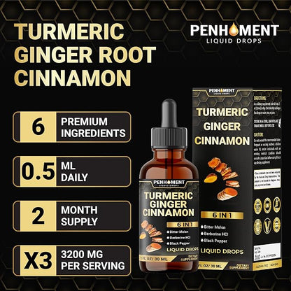 6in1 Liquid Turmeric Ceylon Cinnamon Berberine Ginger Bitter Melon & Black Pepper – Turmeric Supplement Drops for Digestive Health & Mobility – 1 FL OZ – 60 Servings
