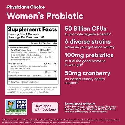 Physician's Choice Probiotics - PH Balance, Digestive, UT, & Feminine Health - 50 Billion CFU - 6 Unique Strains for Women - Organic Prebiotics, Cranberry Extract+ - Probiotic - 60 CT