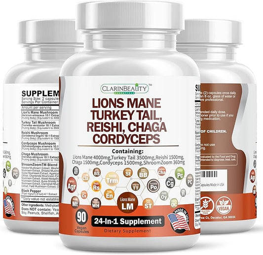 Extra Strength Lions Mane 4000mg Mushroom Supplement Turkey Tail 3500mg (Reishi, Cordyceps, Chaga 1500mg each) Maitake Meshima Poria Cocos Shiitake Oyster Porcini Enoki 90 Capsules Made In USA