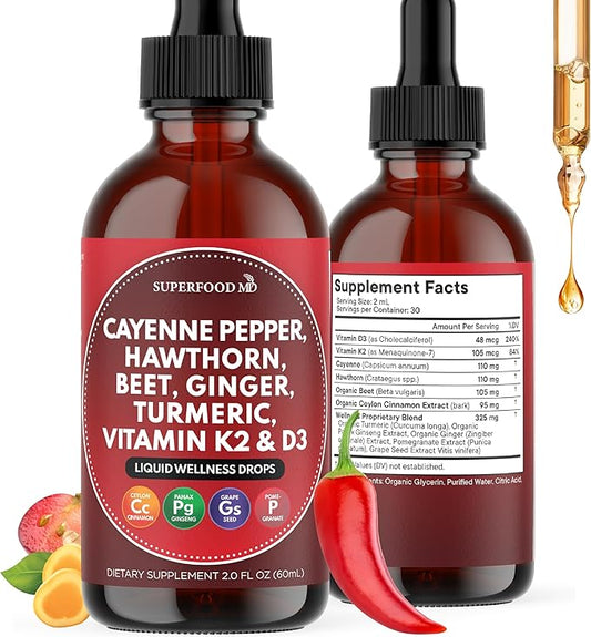 Cayenne Pepper Supplement Liquid Drops + Hawthorn Berry, Vitamin D3 K2 Beet Root Powder, Ceylon Cinnamon, Turmeric Curcumin, Organic Panax Ginseng - 2 OZ