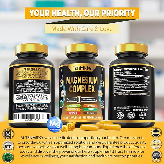 Magnesium Complex Supplement - Combine 10 Types of Magnesium: Glycinate, L-Threonate, Citrate, Chelate, Bisglycinate, Oxide, Malate, Orotate, Aspartate, Taurate - 150 Capsules for 5 Months
