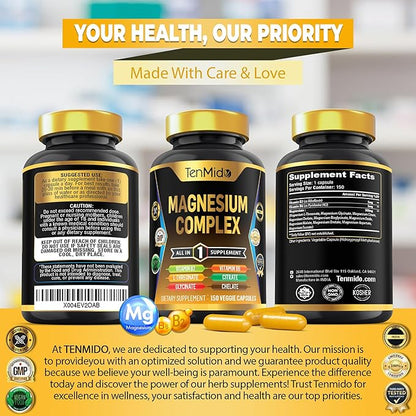 Magnesium Complex Supplement - Combine 10 Types of Magnesium: Glycinate, L-Threonate, Citrate, Chelate, Bisglycinate, Oxide, Malate, Orotate, Aspartate, Taurate - 150 Capsules for 5 Months