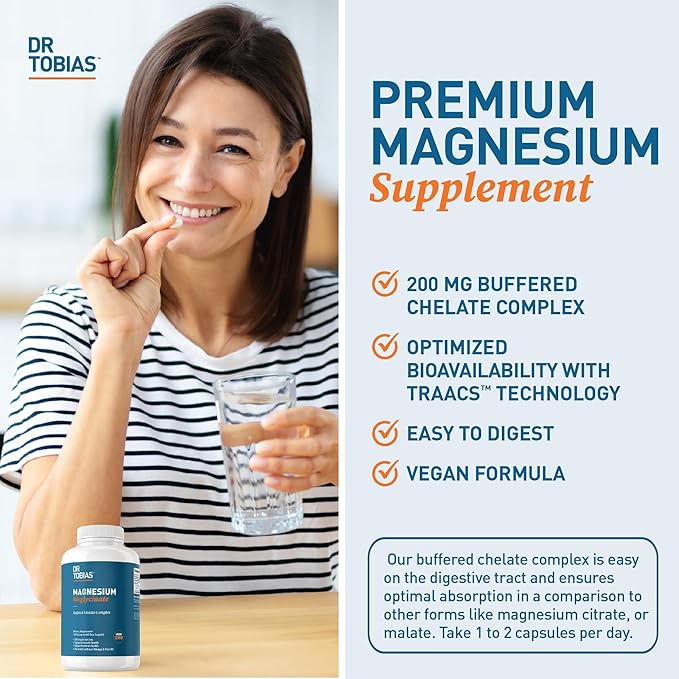 Dr. Tobias Magnesium Bisglycinate, High Absorption Magnesium Buffered Chelate Complex, 200 mg per Capsule, Supports Energy, Muscle, Bone & Joint Health, Non-GMO Magnesium Supplement, 120 Capsules