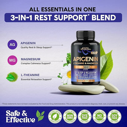 Apigenin 100mg - Apigenin Supplement for Sleep Support with L-Theanine & Magnesium - Sleep, Stress Relief & Relaxation Support for Adults - Naturally Derived from Chamomile - 120 Vegan Capsules