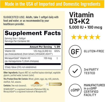 NatureWise Vegan Vitamin D3 + K2 with Organic Coconut MCT Oil - Organic D3 5000IU + Natural K2 100mcg - High Absorption Bone Support - Soy & Gluten Free - USA Manufactured - 90 Softgels[90-Day Supply]
