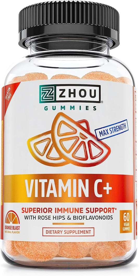 Zhou Nutrition Vitamin C+ Immune Support Gummies Max Strength with Rose Hips & Bioflavonoids, Non-GMO, Vegan, Gluten Free, Orange Blast Flavor, 60 Count