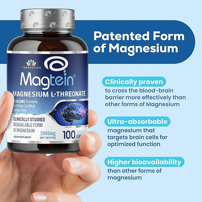 Magnesium L Threonate, Magtein™, Brain Supplement for Memory, Focus, Sleep and Cognitive Support, High Absorption Magnesium L-Threonate, Non-GMO, No Laxative Effect – 2000 mg, 100 Vegan Capsules