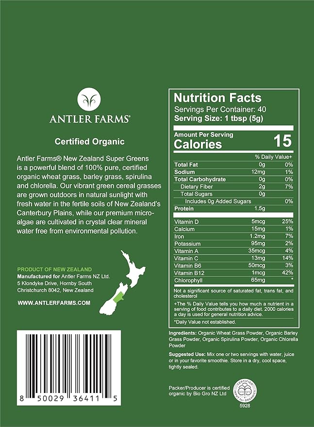 Antler Farms - 100% Pure Organic New Zealand Super Greens Powder, 40 Servings, 200g - Wheat Grass, Barley Grass, Chlorella, Spirulina - Vegan, Gluten Free, Chlorophyll Rich, for Energy and Detox