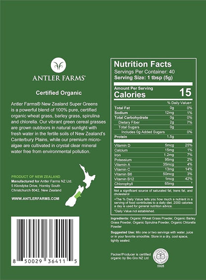 Antler Farms - 100% Pure Organic New Zealand Super Greens Powder, 40 Servings, 200g - Wheat Grass, Barley Grass, Chlorella, Spirulina - Vegan, Gluten Free, Chlorophyll Rich, for Energy and Detox