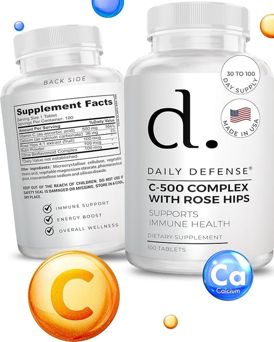 Vitamin C 500 mg with Rose HIPS Immune Support Supplement for Antioxidant Protection, Energy Boost, & Overall Wellness 100 Vitamin C Tablets for Men & Women