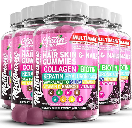 Multimane Collagen Gummies with Biotin Keratin Hyaluronic Acid Bamboo Vitamin A C Vitamin D Vitamin E Folate Saw Palmetto Silica B3 Vitamins Hair Skin and Nails Gummies by Clean Nutra