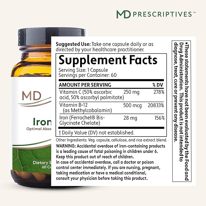Iron MD Capsules - Daily Iron Supplement for Women & Men with Vitamin C, Vitamin B12 & Folic Acid - Optimal Absorption Formula - 60 Veg Capsules