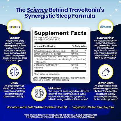 Travel Sleep Aid | Get Jet Lag Relief, Restorative Sleep, Immune Support | Flight, Hotel Essential | 5-in-1 Formula w/Melatonin, Ashwagandha, L-Theanine, GABA, Lemon Balm | 20 Capsules | Blister Packs