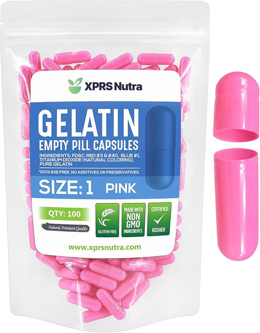 XPRS Nutra Size 1 Empty Capsules - 100 Count Empty Gelatin Capsules - Pills for DIY Capsule Filling - Pure Bovine Pill Gel Caps for Do-It-Yourself Supplements (Pink)