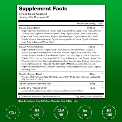 NutraChamps Organic Super Greens Capsules - Alfalfa, Spirulina, Chlorella & More - Antioxidant, Digestive Enzyme & Probiotic Blends - 150 Green Superfood Capsules