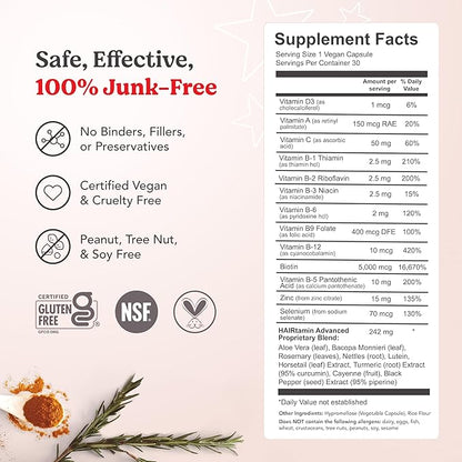 HAIRtamin Advanced Formula Hair Vitamins for Women & Men | Vegan 5000 Mcg Biotin Capsules Vitamin Supplement | Hair Skin and Nail Capsule Supplement to Promote Hair Growth & Thickness | 30 Count