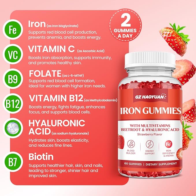 Iron Gummies for Women & Kids - Iron Supplement Gummies with Multivitamin for Blood Builder, Energy, Iron Deficiency & Anemia - Sugar Free Vegan Iron Gummies Strawberry 60 ct