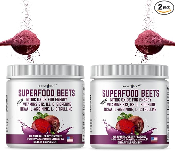 Beet Root Powder, 10.59 oz, Pack of 2 - Berry Flavor Nitric Oxide Booster Superfood with Green Tea Extract, BCAA, L-Arginine, L-Citrulline for Heart Health & Circulation Support, Non-GMO