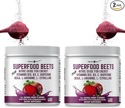Beet Root Powder, 10.59 oz, Pack of 2 - Berry Flavor Nitric Oxide Booster Superfood with Green Tea Extract, BCAA, L-Arginine, L-Citrulline for Heart Health & Circulation Support, Non-GMO