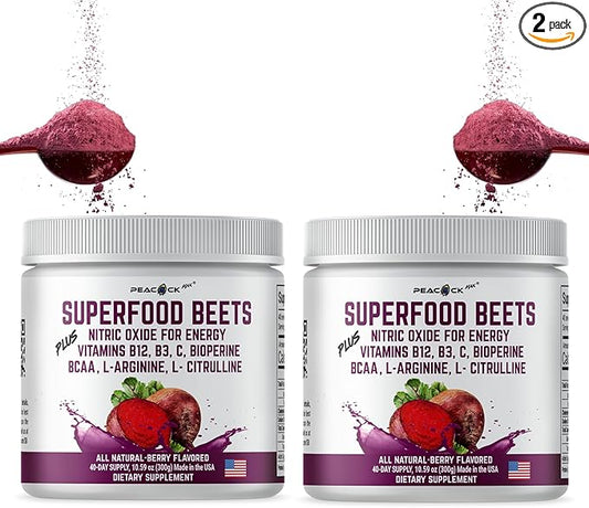 Beet Root Powder, 10.59 oz, Pack of 2 - Berry Flavor Nitric Oxide Booster Superfood with Green Tea Extract, BCAA, L-Arginine, L-Citrulline for Heart Health & Circulation Support, Non-GMO