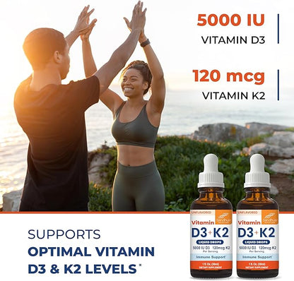 Sandhu's Vitamin D3 K2 Drops for Adults | 5000 IU D3 Liquid, 120mcg K2 Supplement | Supports Immune Health | 1 Fl Oz (Pack of 2)