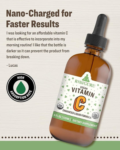 RawGuru Organic Vitamin C Tincture - Liquid Vitamin C with Trace Minerals - Nano-Processed Antioxidant & Immune Support Supplement Tincture - 30 Servings of Vegan Drops per 120 ml, Pack of 1