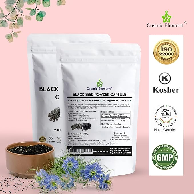 100% Pure Black Seed Powder Capsules Organic - Vegan Nigella Sativa 450mg Black Cumin Seeds per Serving- for Health - 60 Capsules