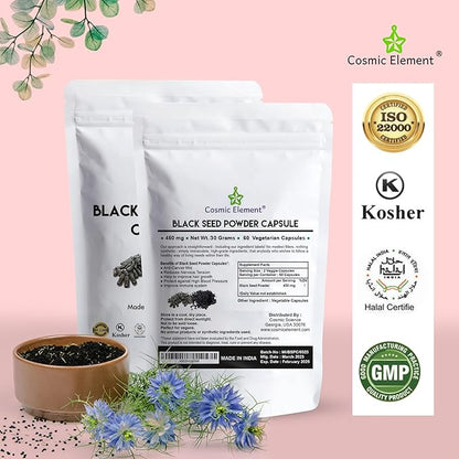 100% Pure Black Seed Powder Capsules Organic - Vegan Nigella Sativa 450mg Black Cumin Seeds per Serving- for Health - 60 Capsules