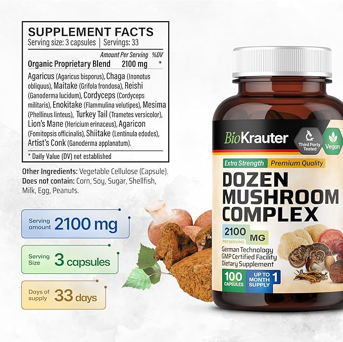 BIO KRAUTER Dozen Mushroom Complex Capsules 2100 mg Blend - 100 Vegan Caps - 12 Extracts in One Mushroom Supplement for Immune Support - Lions Mane, Reishi, Cordyceps