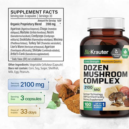 BIO KRAUTER Dozen Mushroom Complex Capsules 2100 mg Blend - 100 Vegan Caps - 12 Extracts in One Mushroom Supplement for Immune Support - Lions Mane, Reishi, Cordyceps