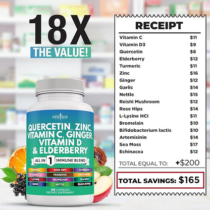 Quercetin Zinc Vitamin C Vitamin D Bromelain Elderberry - Nettle Supplement with Artemisinin, Sea Moss, Echinacea - 180 Count