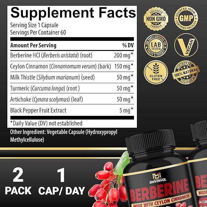 (2 Packs) Berberine Supplement Plus Ceylon Cinnamon, Turmeric, Artichoke, Milk Thistle, Black Pepper - 120 Capsules - 4 Months Supply