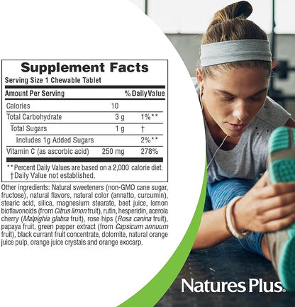 Natures Plus Orange Juice Chewable Vitamin C - 250 mg, 90 Vegetarian Tablets - High Potency Immune Support Supplement, Antioxidant - Gentle On Stomach - Gluten-Free - 90 Servings